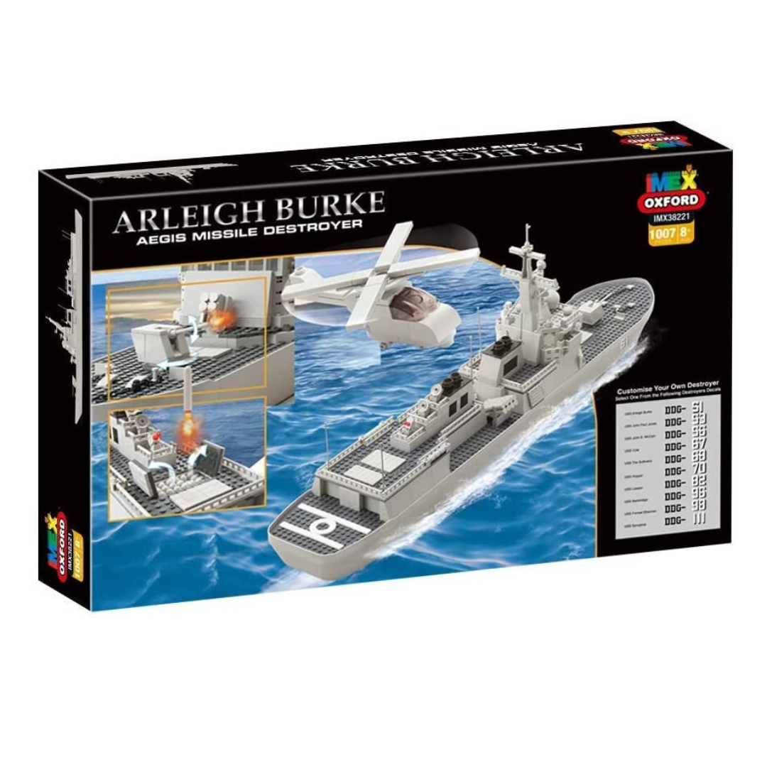 IMEX Oxford USS Arleigh Burke Brick Set – 1,058-Piece Aegis Missile Destroyer Model with 11 Ship Decal Options