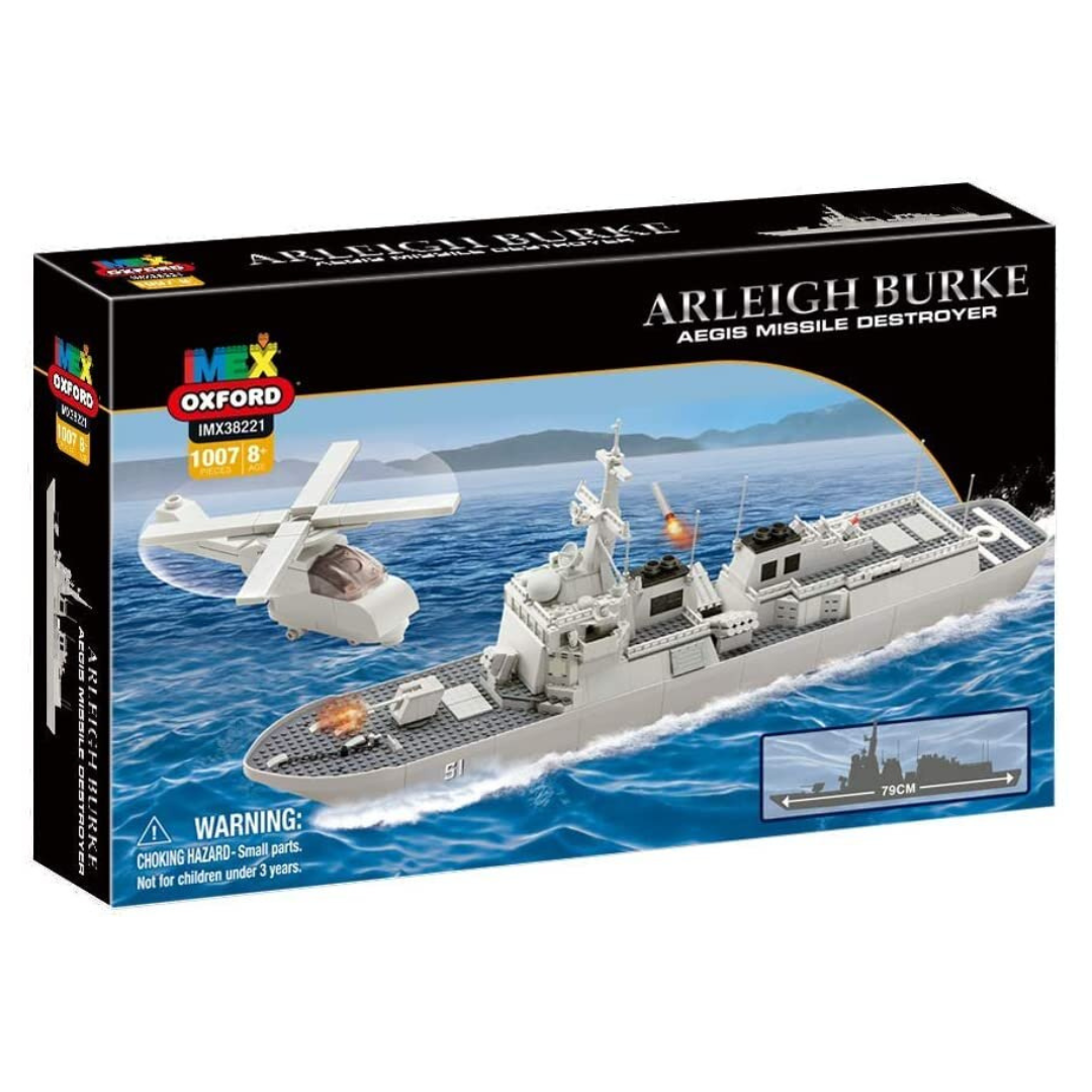 IMEX Oxford USS Arleigh Burke Brick Set – 1,058-Piece Aegis Missile Destroyer Model with 11 Ship Decal Options