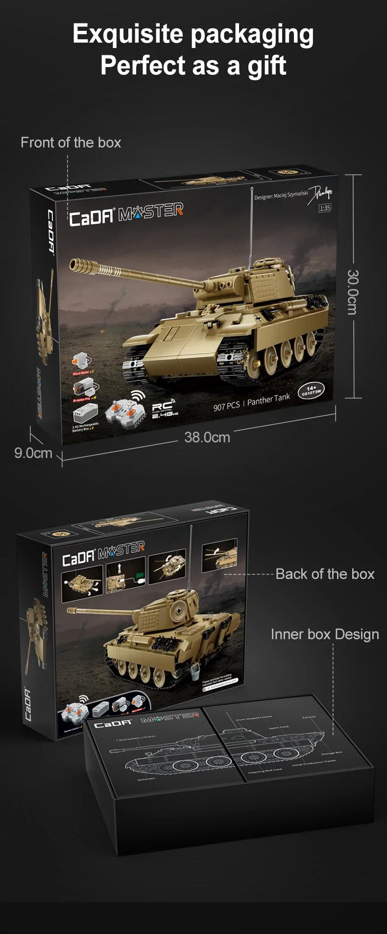 CaDA WWII German Panther Tank Remote Controlled Brick Building Set 907 Pieces