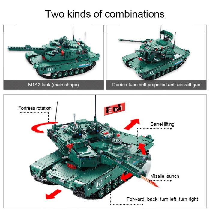 CaDA 2in1 M1A2 Abrams U.S. Main Battle Tank or Anti-Aircraft Gun Remote Controlled Brick Building Set 1,498 Pieces